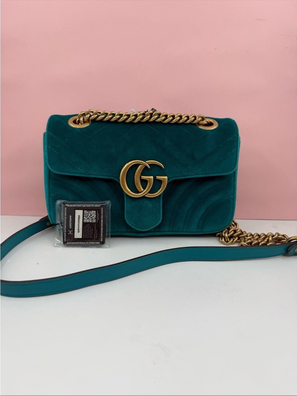 Gucci Teal Velvet GG Marmont Shoulder Bag